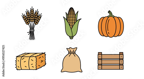 A detailed flat vector graphic set featuring agricultural elements wheat bundle, corn cob, pumpkin, hay bale, sack of grain, and wooden crate, representing a classic harvest season scene wit