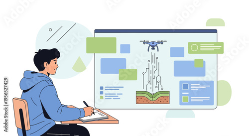Student using technology in education to study drone application in agriculture engineering