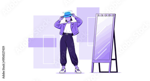 Stylish purple illustration of a woman trying on a hat in front of a mirror with geometric details