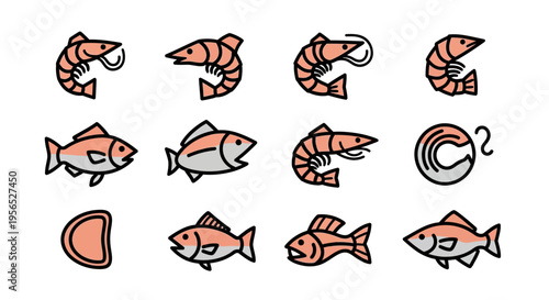 A vibrant and versatile vector set showcasing a collection of seafood icons, featuring shrimp and fish in various poses and cuts, ideal for culinary, nautical, food-related, and seafood indu