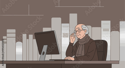 Stylish senior gentleman working remotely on a desktop computer in a modern office setting