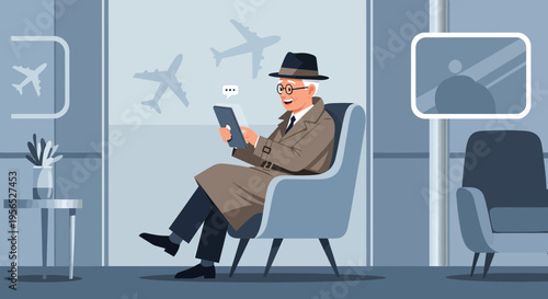 Stylish traveler utilizing technology at modern airport terminal waiting lounge with airplane