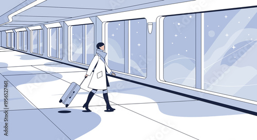 Stylish woman travels through a sleek futuristic terminal with a serene cosmic view