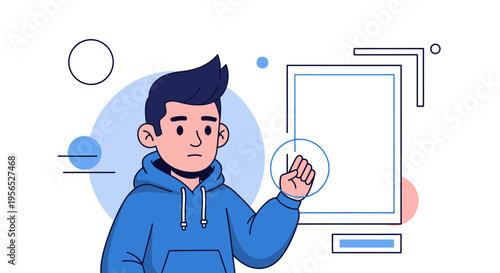 Stylized cartoon character in blue hoodie interacting with abstract interface design