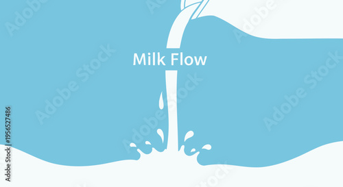 Abstract minimalist flat vector depiction of fresh, white milk pouring out of a spout, creating dynamic splashes in a clean, light blue backdrop, modern, creative.