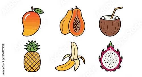 A vibrant assortment of tropical fruit icons in a modern, flat vector style, including mango, papaya, coconut, pineapple, banana, and dragon fruit, perfect for food-related designs.