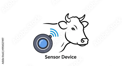 Minimalist digital outline of cow wearing a sensor device, concept art representing data collection, animal health monitoring technology, cattle tracking.
