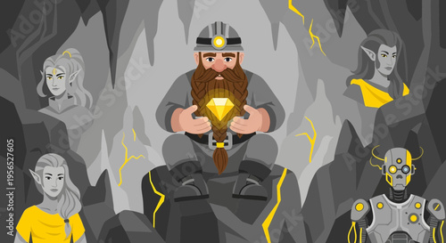 Subterranean assemblage: A miner's diamond juxtaposed with elves and a futuristic robot figure