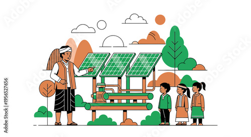 Sustainable education illustration: a rural teacher showcasing solar panels to children outdoors