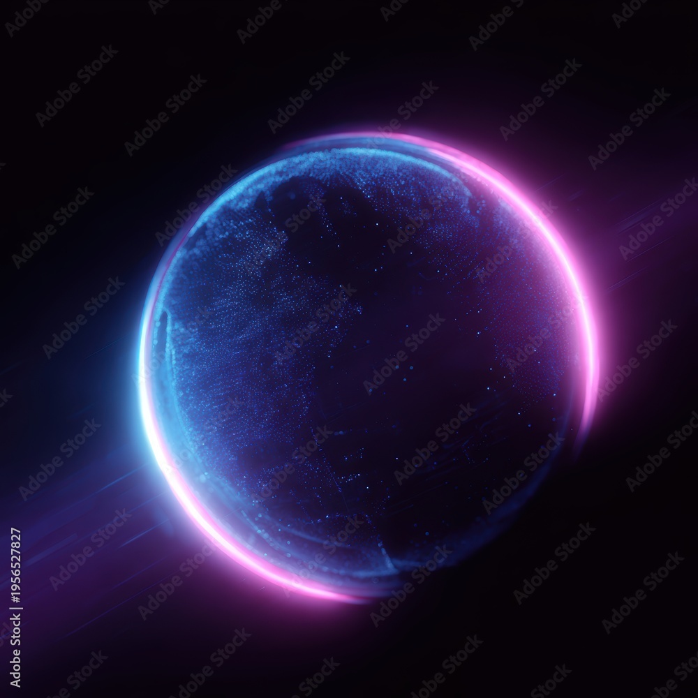 Fototapeta premium Glowing globe with cyber security lock in neon blue and pink tones, global data protection concept, generative style