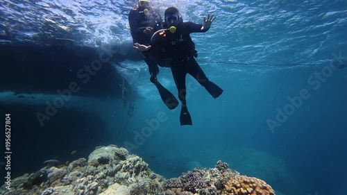 A scene of tourists scuba diving in the Red Sea off the coast of Sharm El Sheikh, Egypt.