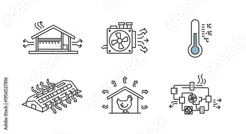 Set of six simple, outlined icons depicting climate control and ventilation concepts relevant to agricultural contexts, including barns, fans, temperature readings, and animal environments, 