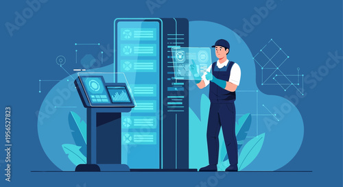 Technician inspecting server with futuristic interface, ensuring optimal network performance and