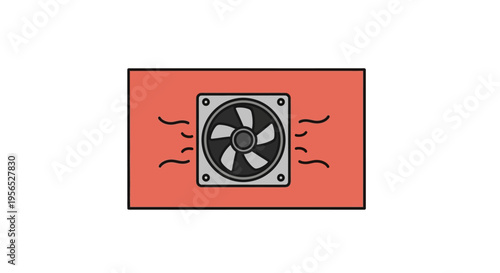 A minimalistic vector depiction of a cooling fan integrated on a rectangular red surface, blowing air with simple curved lines, ideal for tech and design purposes.