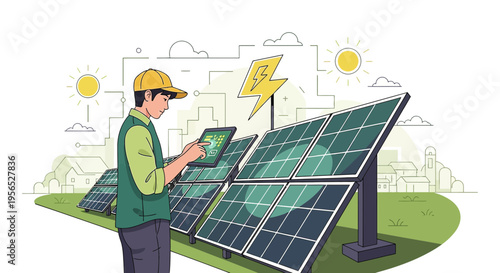 Technician inspecting solar panels with a tablet for sustainable clean energy production