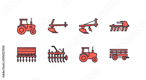 Minimalist vector set of various agricultural machinery icons rendered in a flat, geometric outline style featuring tractors, plows, planters, and a trailer, representing rural farming equip