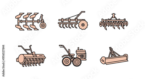 A detailed collection of vector-styled farming equipment, isolated on white background, showcasing various tools used in agriculture, perfect for agricultural, farming, and equipment-themed 