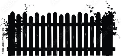 A black silhouette of a wooden picket fence with objects growing around it