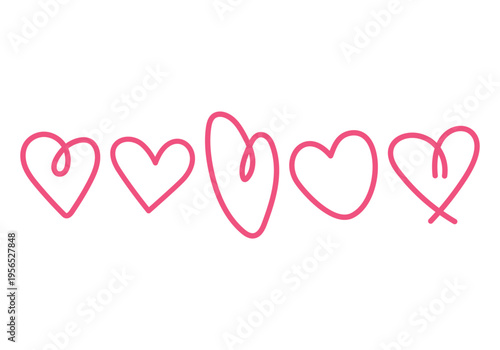 Set of five stylized red hearts, hand-drawn in doodle style on a white background. Each heart has a unique shape with dynamic loops and careless strokes that mimic the drawing with a marker or brush