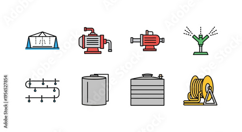 Set of colorful agricultural and watering icons depicting various irrigation elements in a simple, flat design style, including a greenhouse, pumps, sprinklers and water tanks.