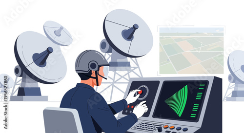 Technician monitoring radar systems with satellite dishes for signal detection, navigating with