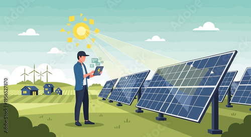 Technician monitors a solar panel installation farm with digital devices on a sunny day promoting