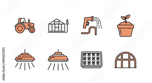 Minimalist vector set of gardening equipment and greenhouse elements in a clean, flat design with orange, brown, and grey color palette, perfect for agricultural projects and farming themes.