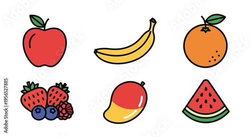 A vibrant and cheerful flat design vector graphic featuring a collection of fresh and colorful fruits, including an apple, banana, orange, berries, mango, and watermelon, ideal for healthy e