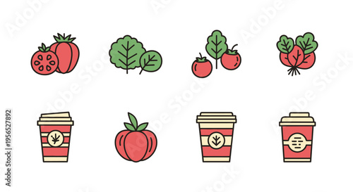 Minimalist vector icons set of various healthy food items and coffee cups arranged in a grid, ideal for health, wellness, cafe, and diet concepts, depicted in a modern, flat, graphic design.