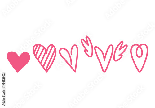 Set of five stylized red hearts, hand-drawn in doodle style on a white background. Each heart has a unique shape with dynamic loops and careless strokes that mimic the drawing with a marker or brush