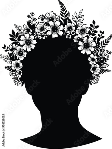 A black silhouette of a human head with a floral crown