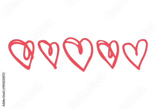 Set of five stylized red hearts, hand-drawn in doodle style on a white background. Each heart has a unique shape with dynamic loops and careless strokes that mimic the drawing with a marker or brush