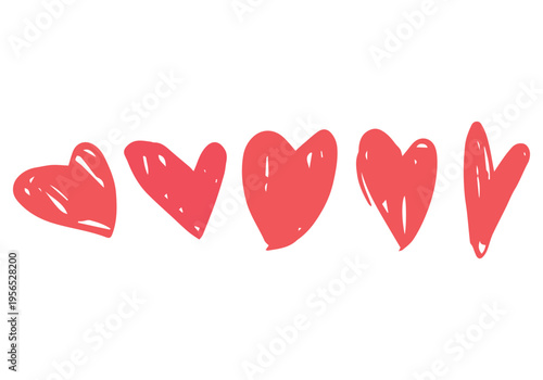Set of five stylized red hearts, hand-drawn in doodle style on a white background. Each heart has a unique shape with dynamic loops and careless strokes that mimic the drawing with a marker or brush