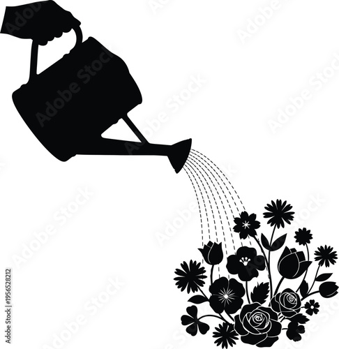 A black silhouette of a watering can pouring water on flowers