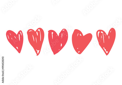 Set of five stylized red hearts, hand-drawn in doodle style on a white background. Each heart has a unique shape with dynamic loops and careless strokes that mimic the drawing with a marker or brush