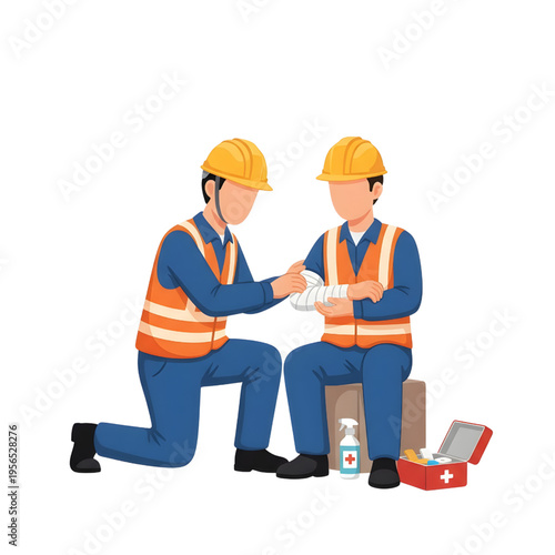 PPE Factory Worker First Aid Treatment Emergency Medical Safety Rescue Workplace Vector Illustration