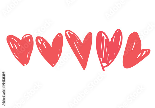 Set of five stylized red hearts, hand-drawn in doodle style on a white background. Each heart has a unique shape with dynamic loops and careless strokes that mimic the drawing with a marker or brush