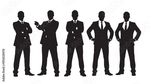 Professional silhouette of a confident business team and corporate leadership group standing together in formal suits.