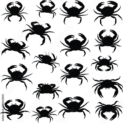A collection of black crab silhouettes on a white background