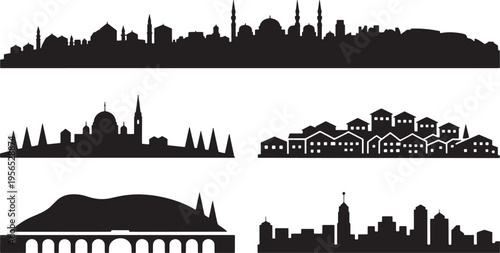 Assortment of urban skylines, distinct architectural styles and natural formations