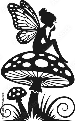 Fairy Sitting Mushroom Silhouette Icon