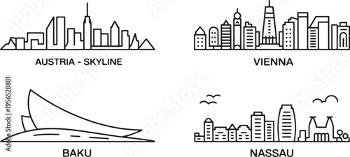 Austria vienna baku and nassau city outline icons set on transparent background for modern design