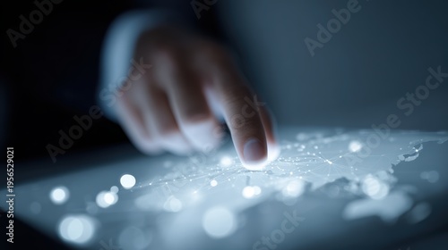 startup concept with business icons and global network connection on virtual tablet interface, man touching holographic screen