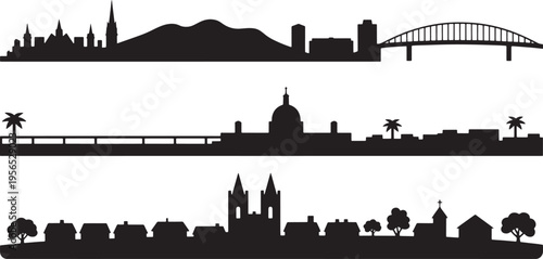 Collection of vector silhouettes featuring mountain backdrop coastal city dome building bridge tropical palms and rural small town.