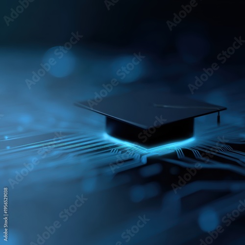glowing graduation cap on futuristic circuit board, digital education and e-learning technology concept, blue neon style