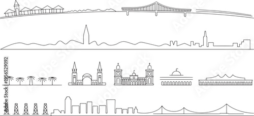 Diverse architectural styles and infrastructure elements set in minimal linear black vector style