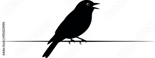 Black bird silhouette singing on a thin line
