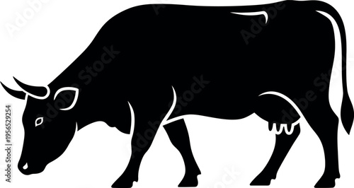 Black cow silhouette grazing on white background