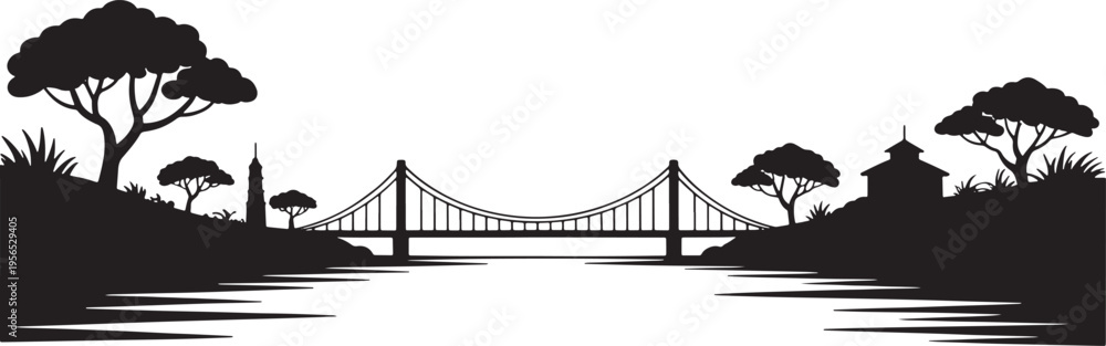 Fototapeta premium Landscape with a bridge over a river surrounded by trees and small buildings silhouette