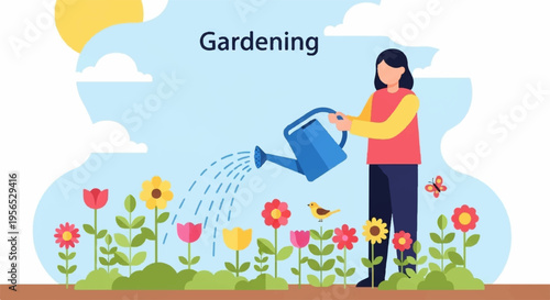 Woman watering colorful flowers in garden with blue watering can on sunny day with clouds